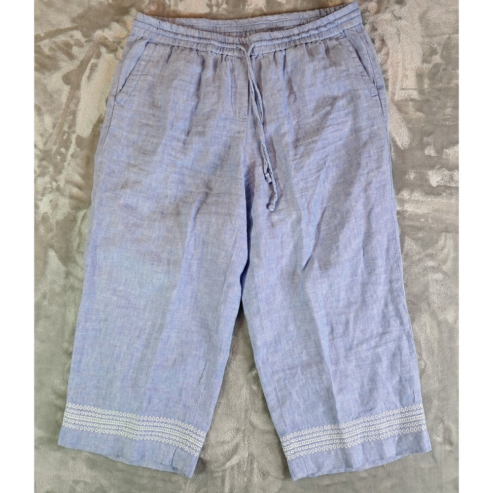 Talbots Linen Crop Pants Womens 14W Blue Drawstring Embroidered Hem IN5324 Wide